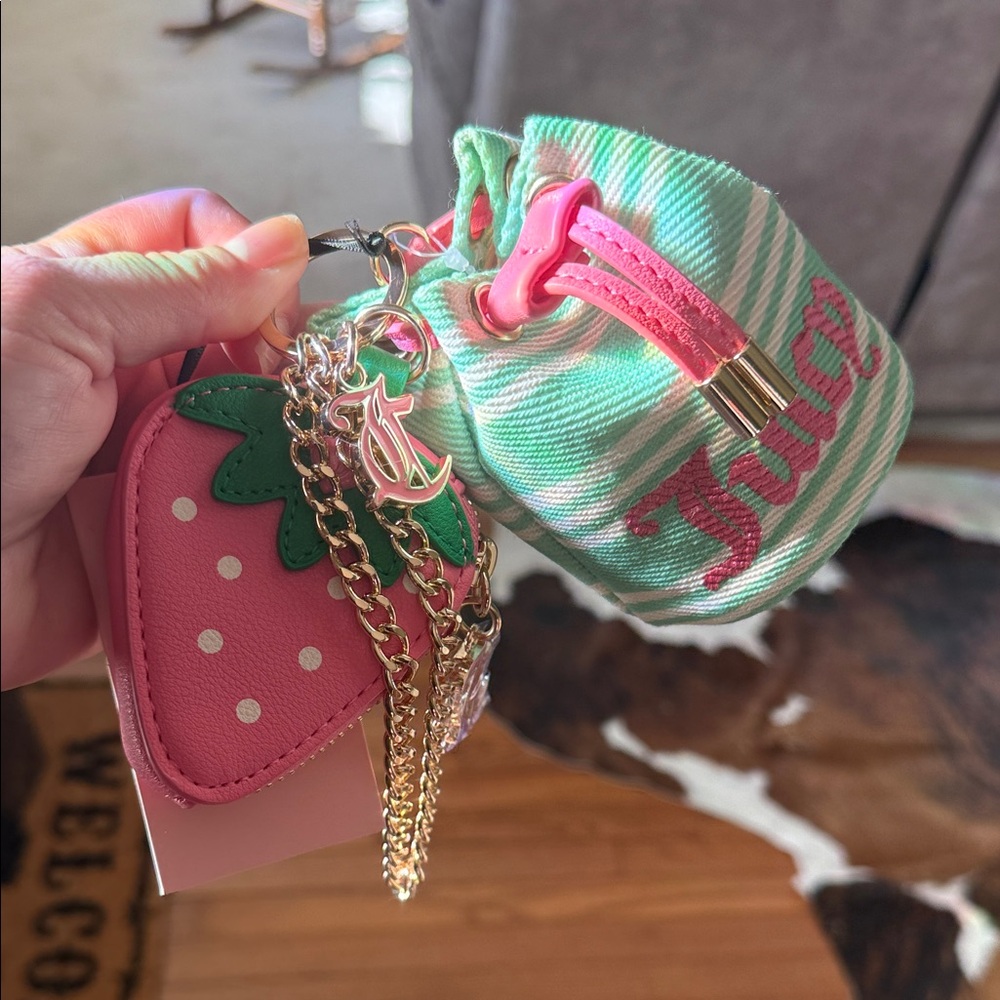 Juicy Couture Pink Strawberry Charm Keychain with Mint Striped Pouch. SALE!!!🍓🍓🍓